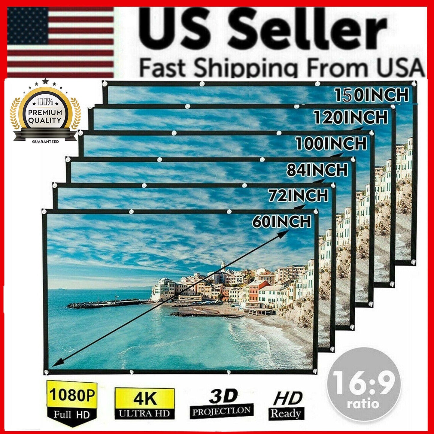 Foldable Projector Screen — Indoor/Outdoor, 16:9, Up to 150"
